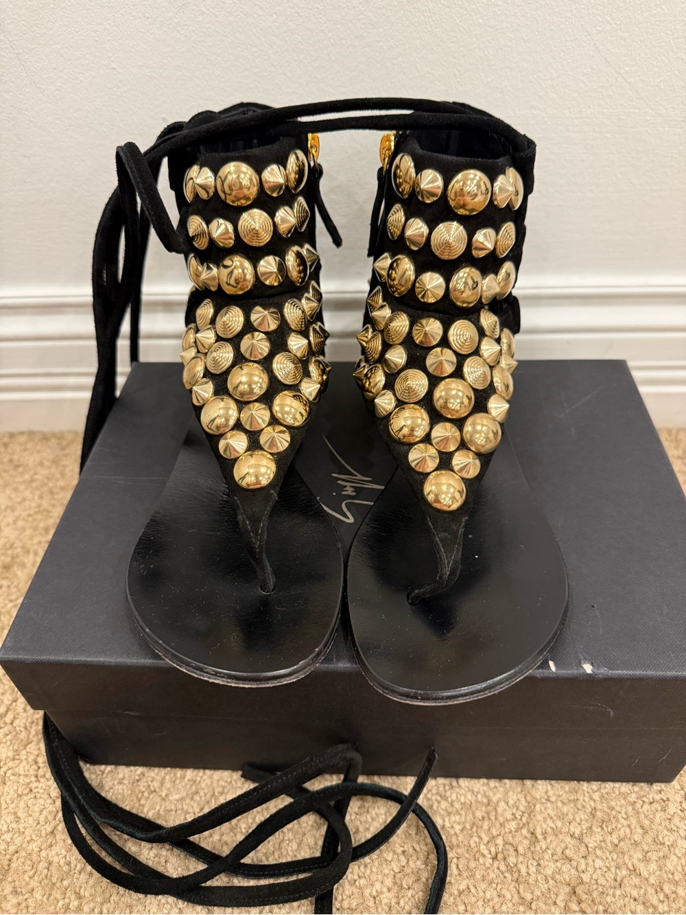 Giuseppe Zanotti Gold Studded Suede Gladiator Sandals Black Size 37.5 lace up - Picture 5 of 12